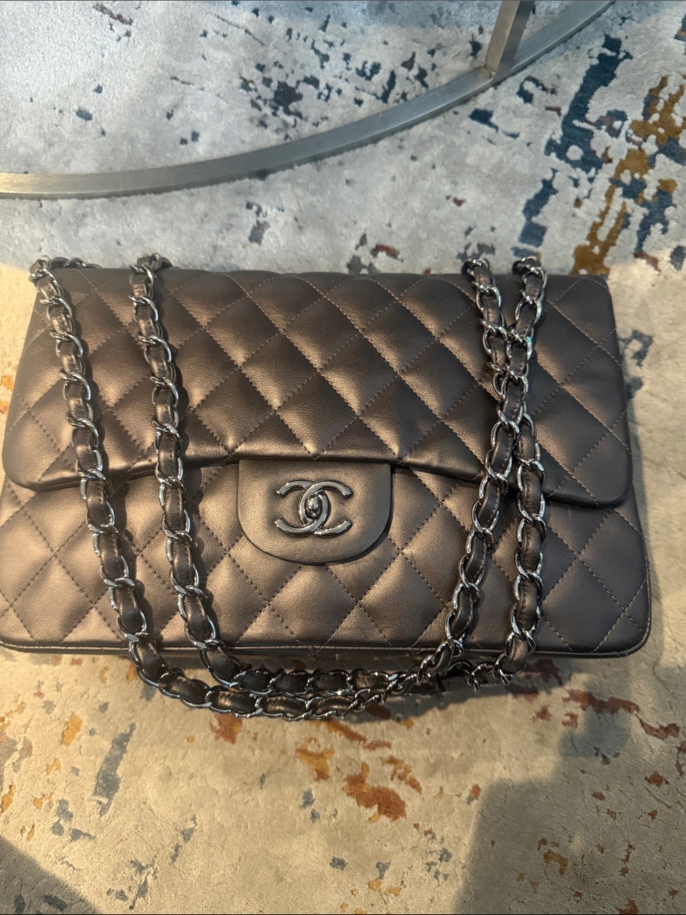 CHANEL Quilted Lambskin Flap Bag - Dark Gray